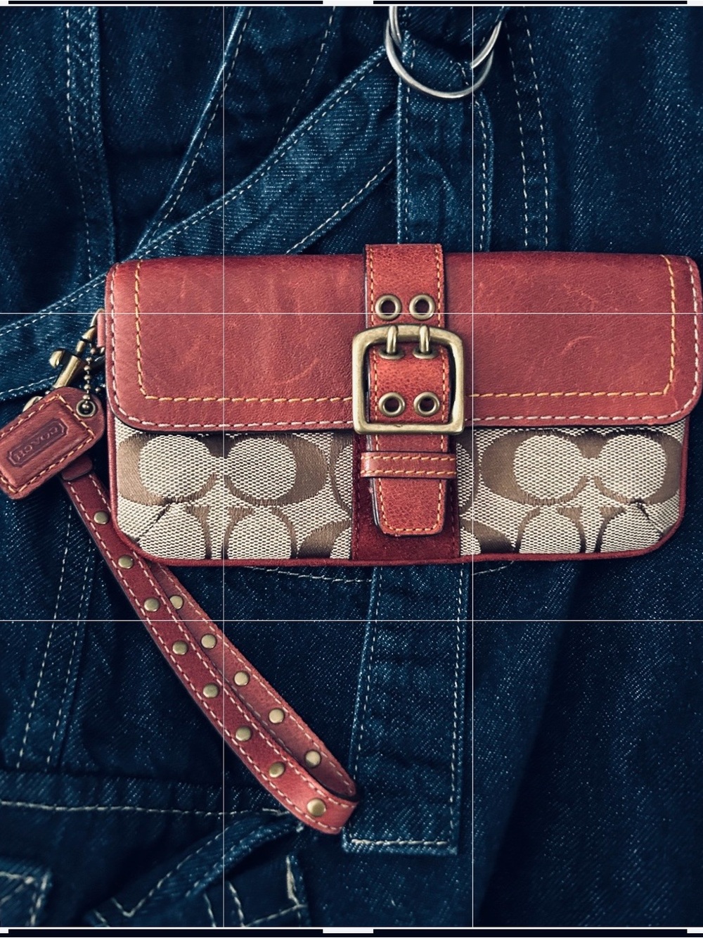Coach Tan Signature Canvas Wristlet with Red Leather Trim